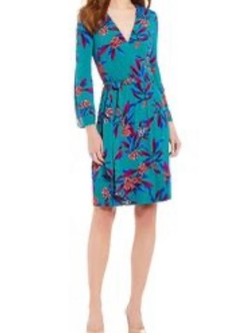 Calvin Klein Teal Floral Faux Wrap Long Sleeve Dress Size 6